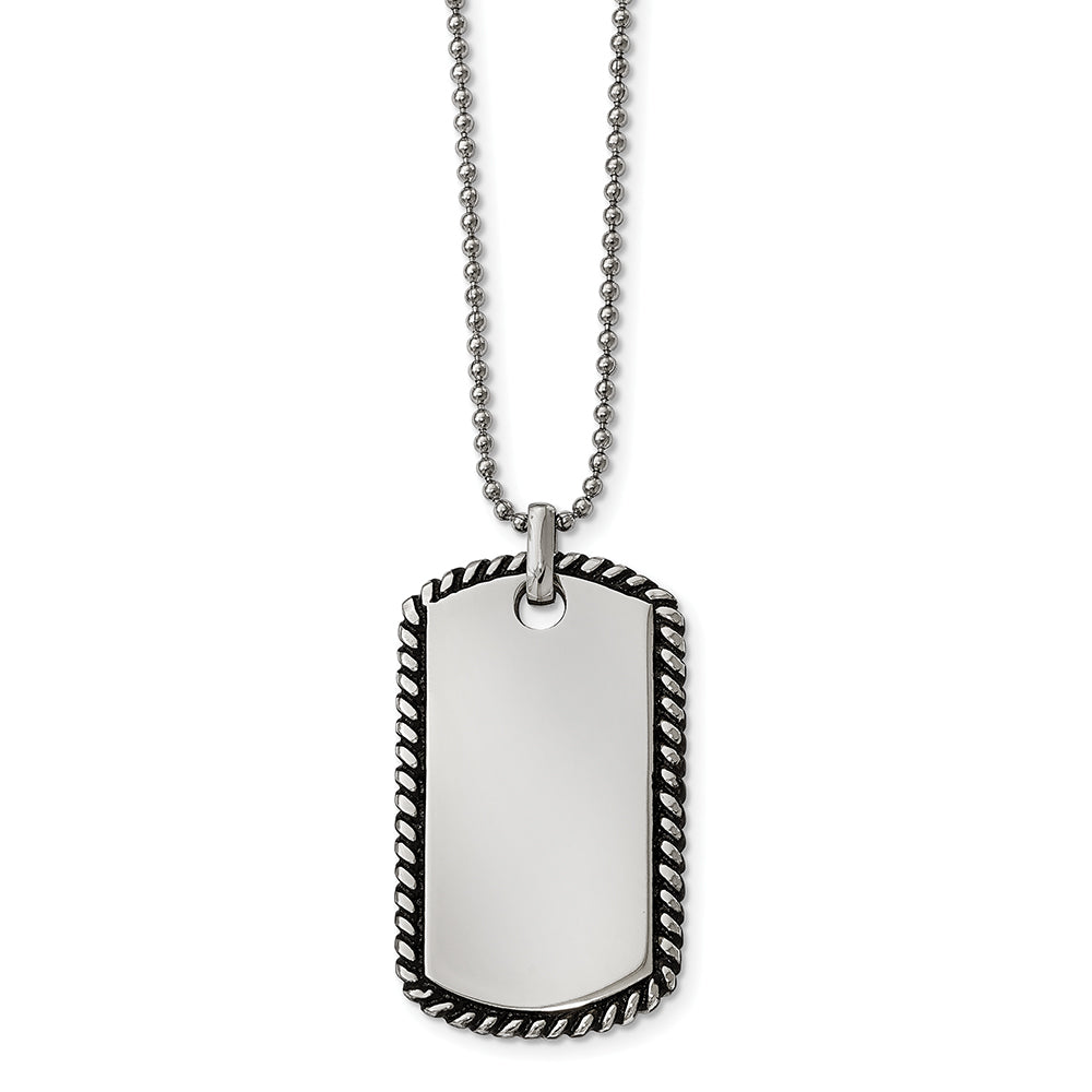 Stainless Steel Twisted Rope Edge Dog Tag Pendant 24 inch Necklace